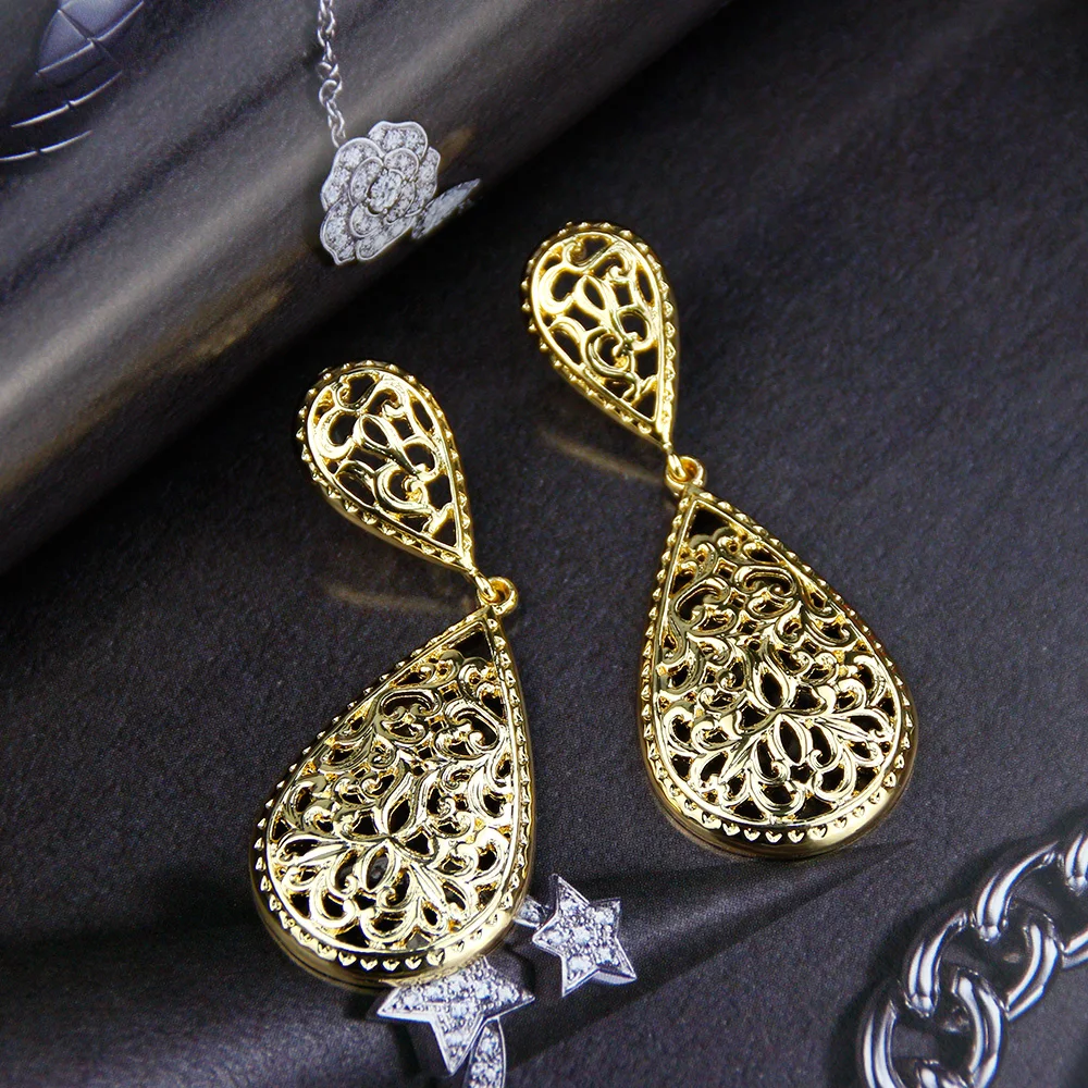 Sunspicems Morocco Golden Drop Earring for Women Hollow Arabesque Arab Earring Ethnic Wedding Court Jewelry Gift