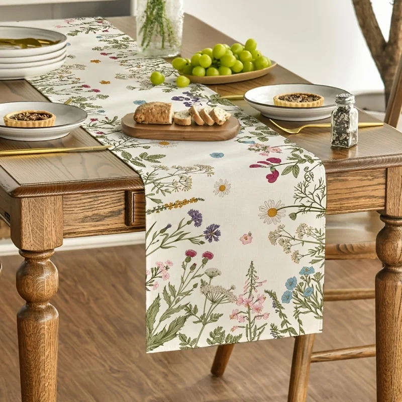 Plant Wildflower Table Runner Polyester Linen Tablecloth, Spring and Summer Countryside Farmhouse Herbal Dining Table Decor