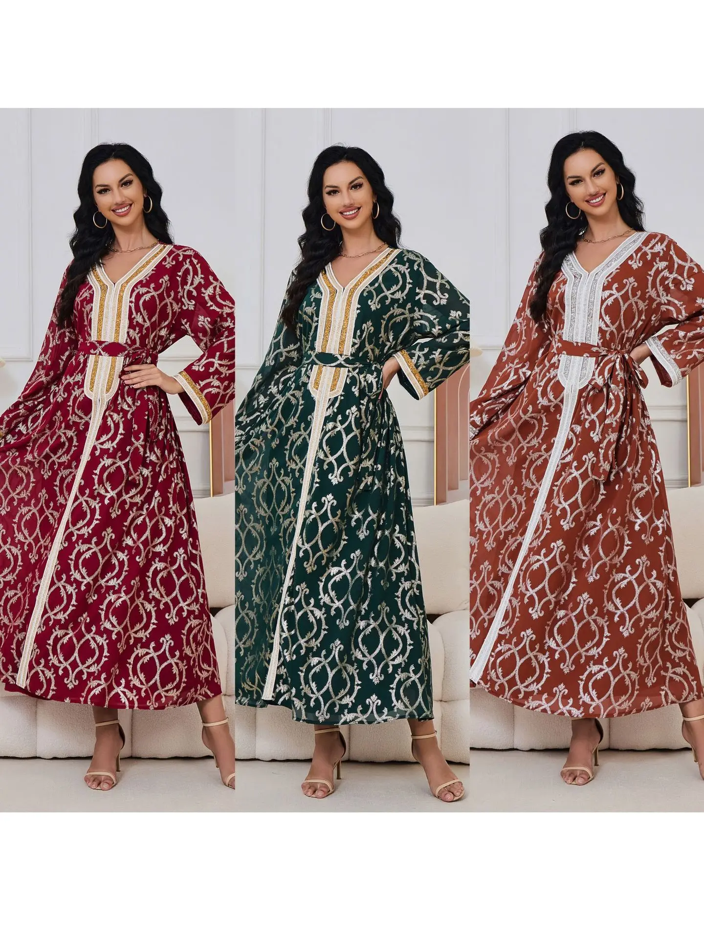 

Muslim women's clothing new V-neck hot stamping temperament luxurious and fashionable women's dress gift