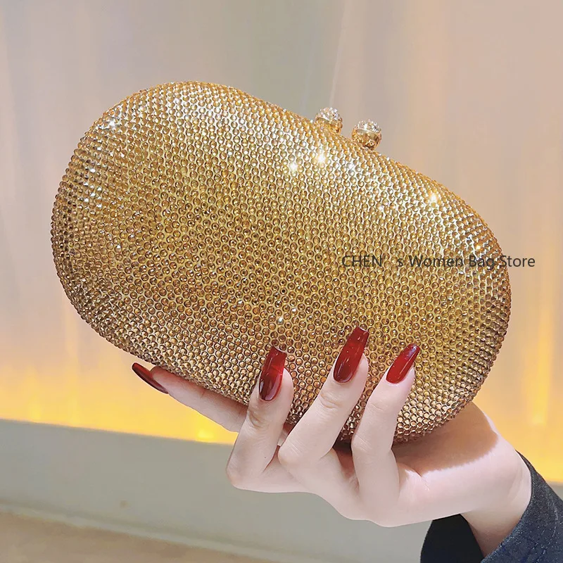 

Oval Shape Luxury Jewelry Women Evening Bags Stones Clutch Bags for Wedding Party Bridal Rhinestones Purse Lady Handbags and Pu