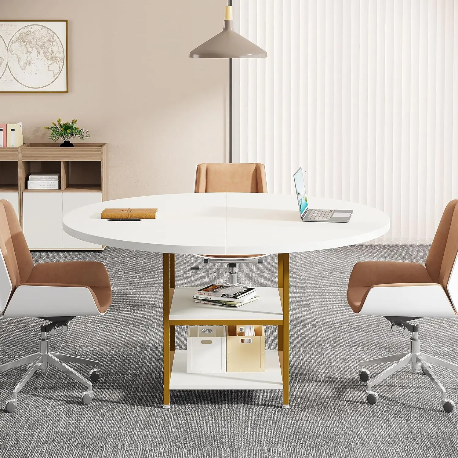 طاولة مؤتمرات مستديرة مقاس 47 بوصة تتسع لـ 4-6 أشخاص، وطاولة غرفة الاجتماعات مع رف تخزين، لغرفة ندوة غرفة الاجتماعات #3