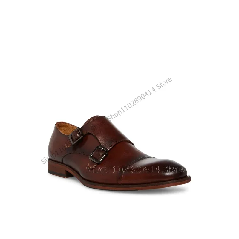 

Brown Black Buckle Decor Double Monk Loafers Fashion Slip On Men Shoes Luxurious Handmade Party Banquet Office Men Dress Shoes