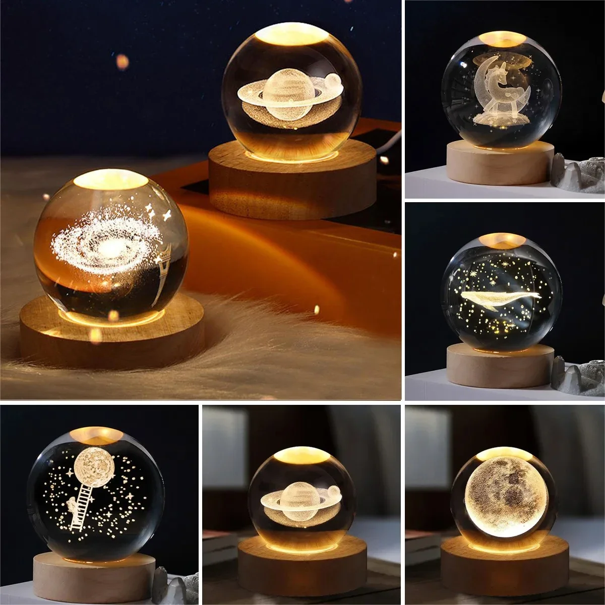 USB LED Night Light Galaxy Crystal Ball Table Lamp 3D Glowing Planet Galaxy Astronaut Moon Lamp Home Bedroom Decoration Kid Gift