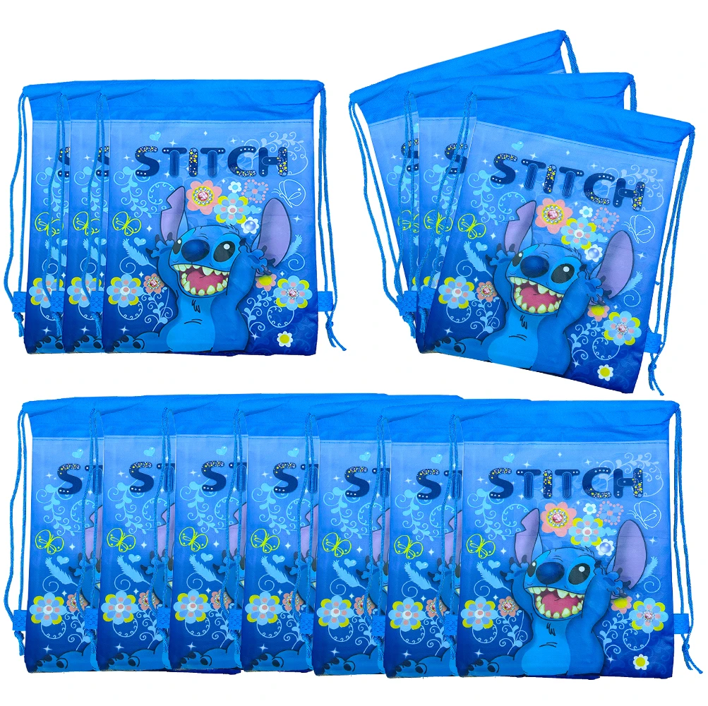 12pcs Lilo&Stitch Gift Bags Nonwovens Backpack Adjustable Drawstring Bag Pink Stitch Angel Birthday Party Decoration Gift Box