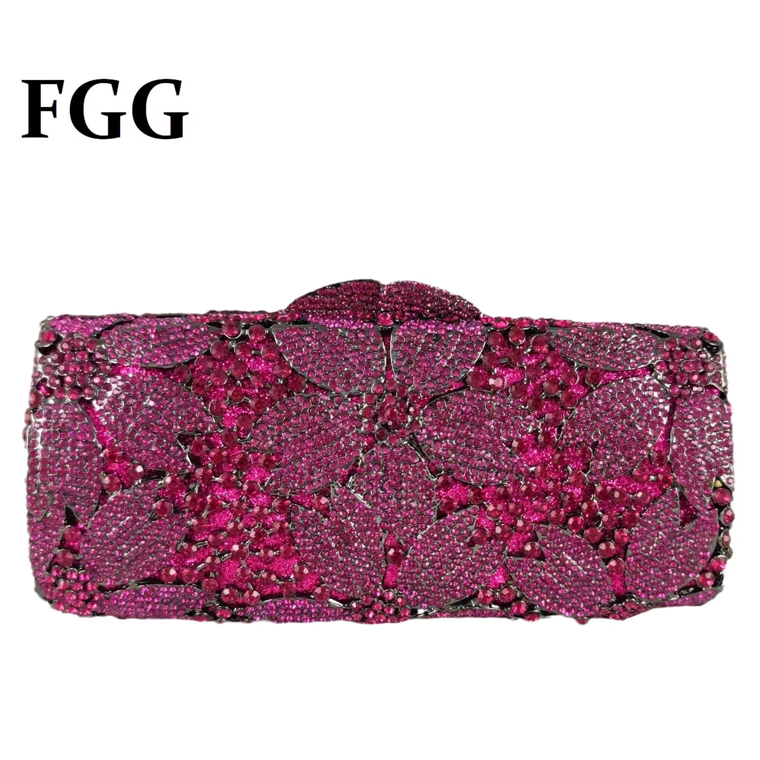 Boutique De FGG Elegant Women Fuchsia Flower Evening Minaudiere Purse Party Crystal Clutch Bag Wedding Bridal Rhinestone Handbag