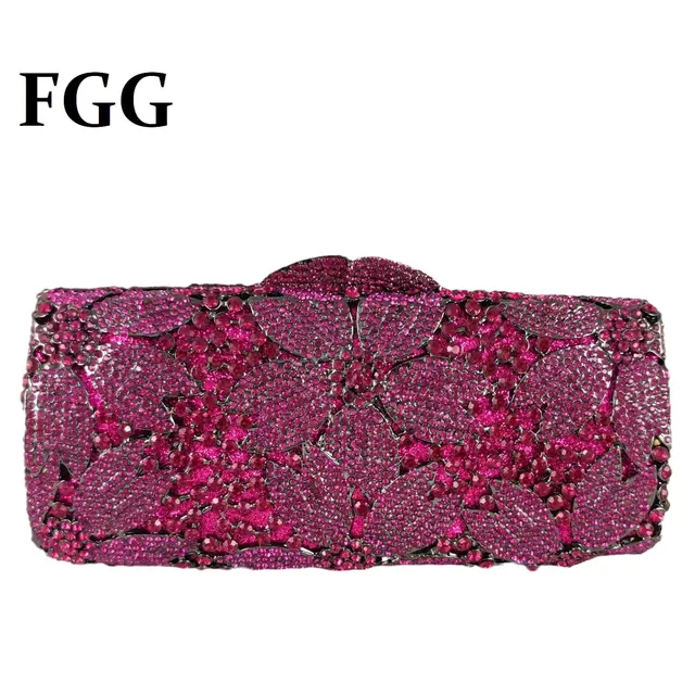Boutique De FGG eleganckie kobiety Fuchsia kwiat wieczór Minaudiere torebka Party torebka z kryształkami torba ślubna Bridal Rhinestone torebka