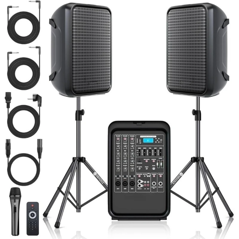 

Professional Portable All-in-One PA System with 8-Channel Mixer Bluetooth Suitcase Design Includes Speaker Stands