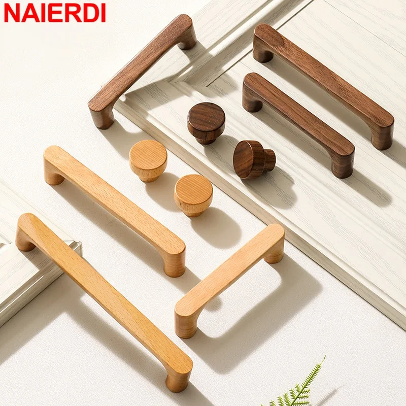 NAIERDI Natural Solid Wood Cabinet Handles Chinese Style Wardrobe Drawer Pulls Wooden Furniture Door Knobs Flat Hardware