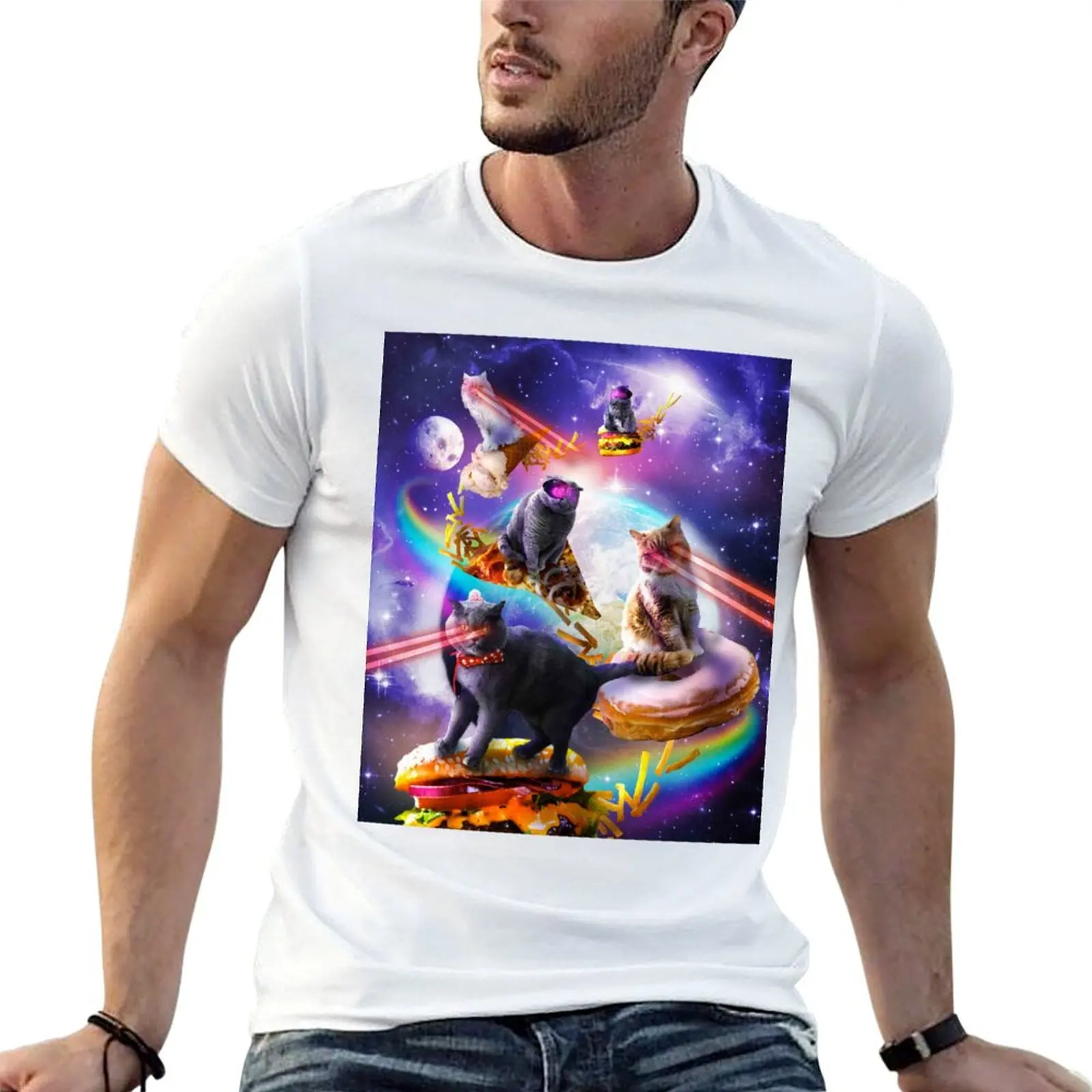 Camiseta Galaxy Laser Space Cat On Burger Pizza Donut Ice Cream, camiseta informal de manga corta con diseño sencillo