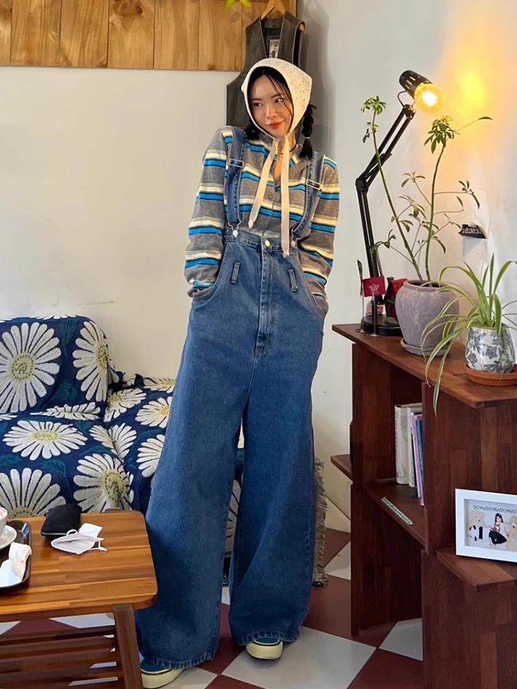 Retro Waed Blue Denim Overalls Damen Frühjahr New Sle Age-Defng Button-Up Trägerhose Hohe Taille Jeans mit weitem Bein