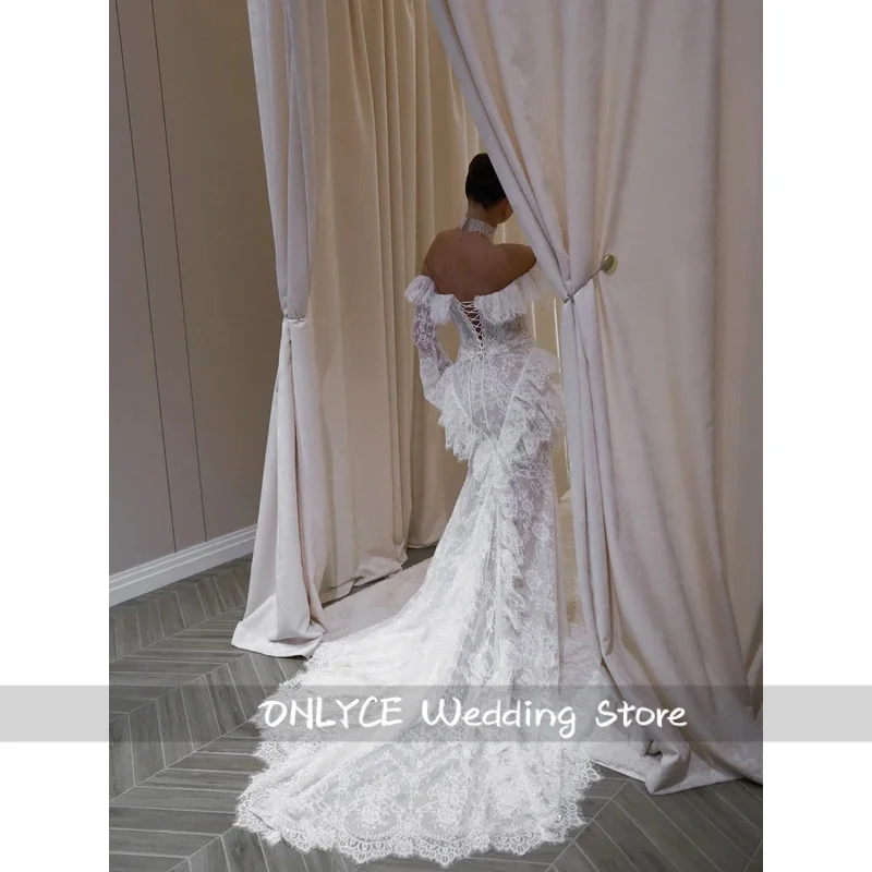 Customized White Mermaid Lace Bridal Wedding Dress Boat Neck Ruffle Classic New Sweet Luxury Vintage Stylish Elegant