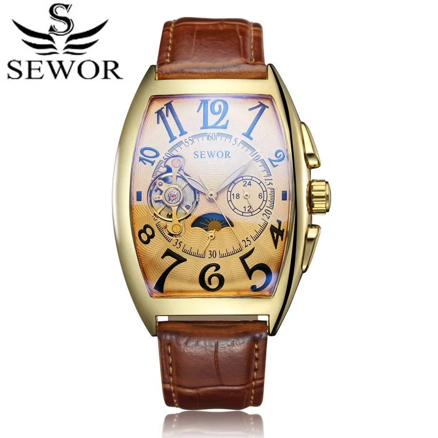 Sewor Men's Watch Automatic Mechanical Hollow Out Whisky Barrel Casual Men's Flying Wheel Leather Strap Mechanical Watch