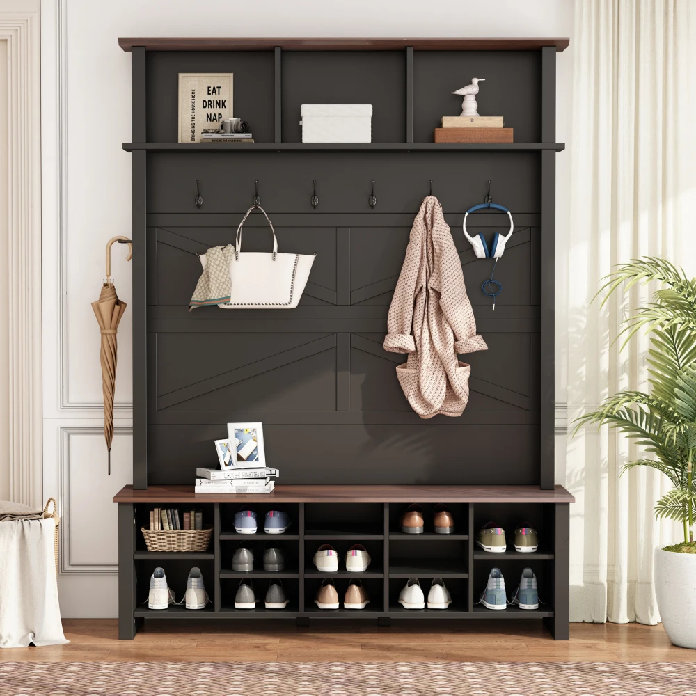 American Farmhouse-style 4-in-1 Entryway Coat Rack (with 6 Hooks), Practical Walnut-finish Entryway Shoe-changing Bench (with Adjustable Shelf), and Wooden Shoe Cabinet (16 Storage Compartments; Suitable for Entryway/living Room)—Black.