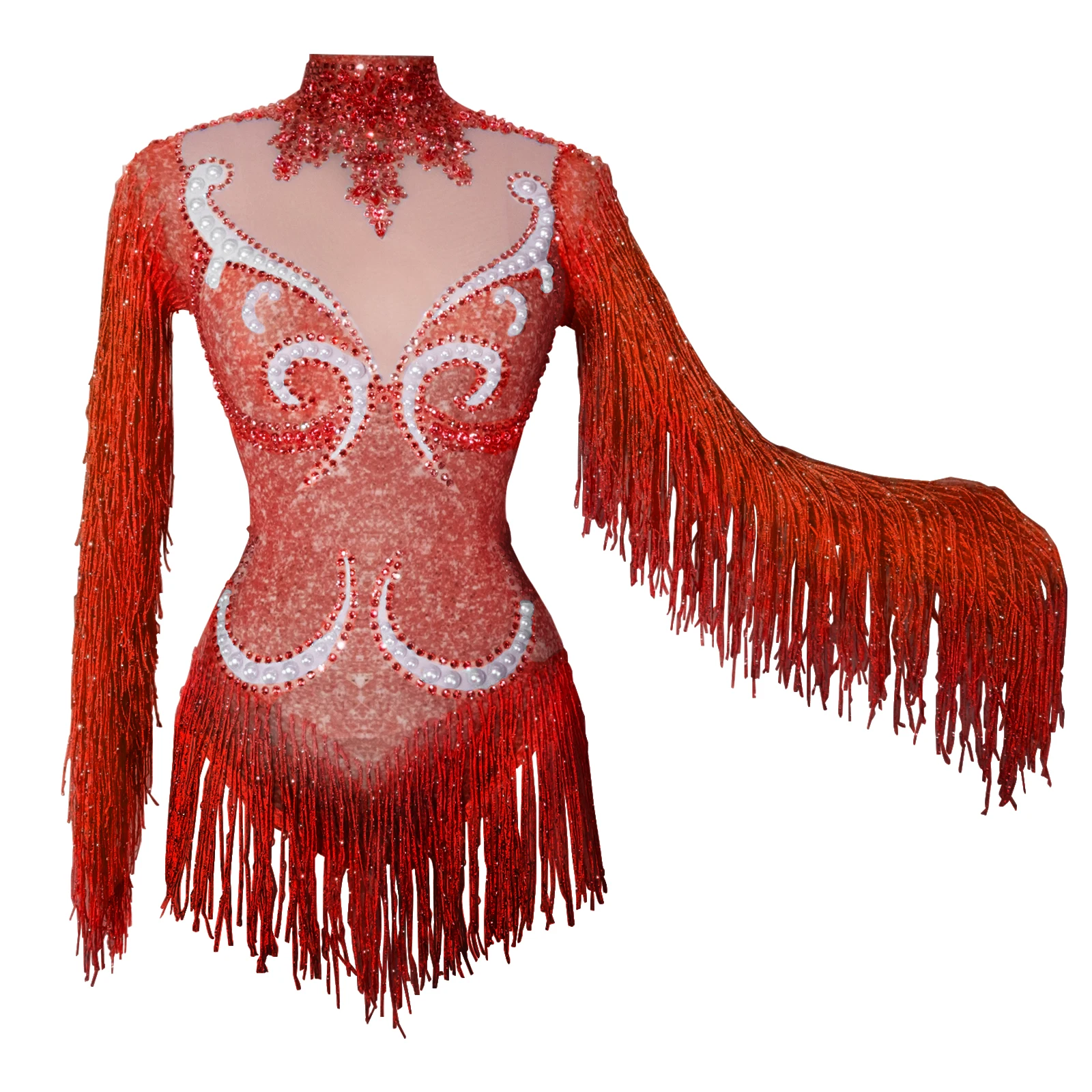 Custom Sexy fringe rhinestones bodysuit women team dance performance tights Club bar stage show leotard Mesh perspective costume