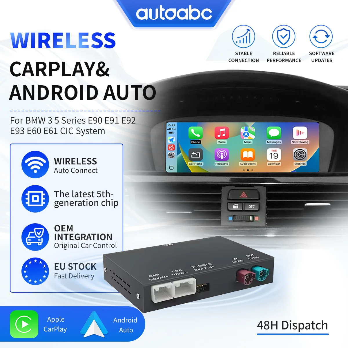 Interface sans fil Apple CarPlay et adaptateur Android Auto pour système BMW CIC Série 3 et 5 E90 E91 E92 E93 E60 E61 2008-2013, compatible AirPlay, MirrorLink et navigation