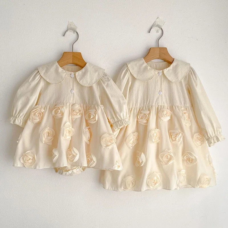 

Family Sister Dress Autumn Baby Bodysuit Sisters Dress 3D Flower Embroidery Dress Infant Girls Toddler Outfit Baby Girls Rompers
