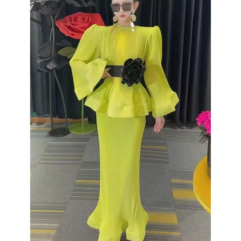 

2 Piece Set Women's Suits Ruffles Tops Fishtail Fishtail Halter Skirts Niche Flared Sleeves Long Bubbles Comfortable Plus Size