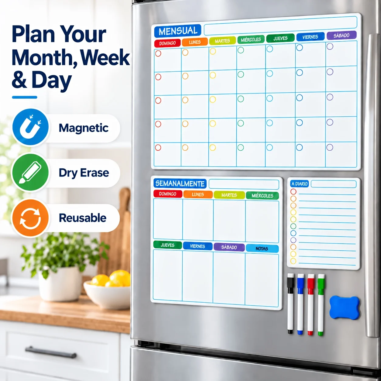 Spanish-Language Fridge Magnetic Planner: Monthly Planner / Weekly Planner / Daily Checklist—Erasable Whiteboard