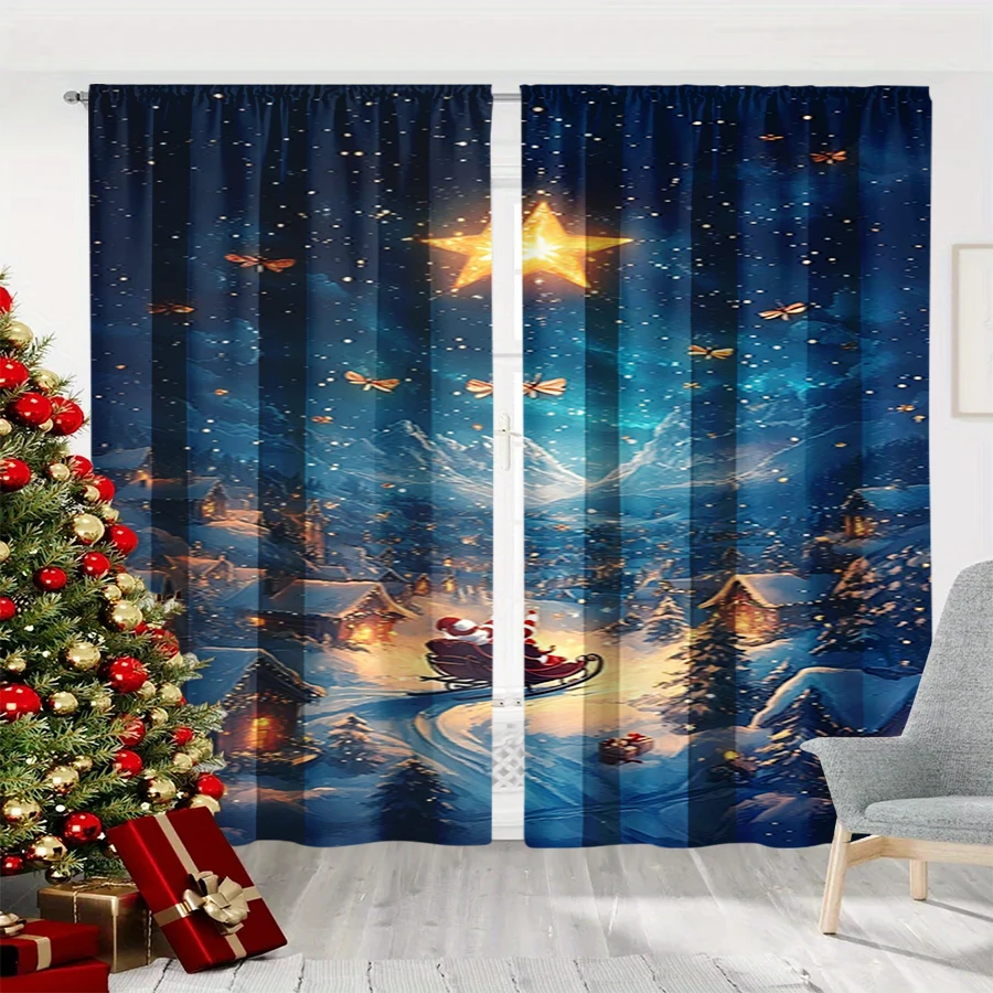 2PCS Digital Print Curtain, Bethlehem Star over Santa Sleigh in Snowy Mountain Village, Magical Blue Night, for Bedroom Decor