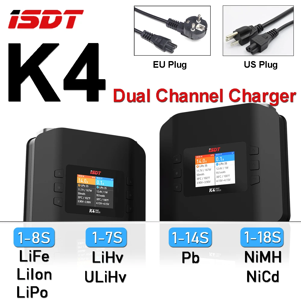 

ISDT K4 Independent Dual Mode Dual Channel Charger AC 400W DC 600WX2 20AX2 1-8S Lithium Battery Smart Charger for RC Model Toy