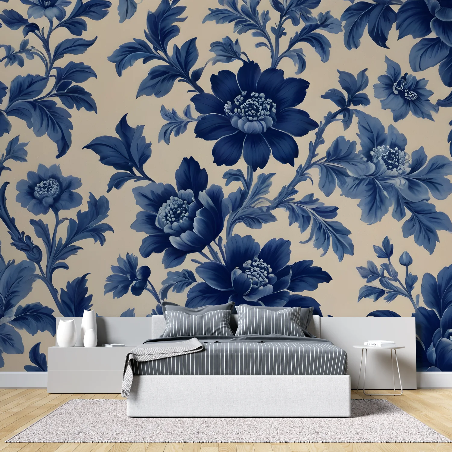 Customized mural blue background small floral decoration painting living room bedroom plant leaf background wall 3d wallpaper