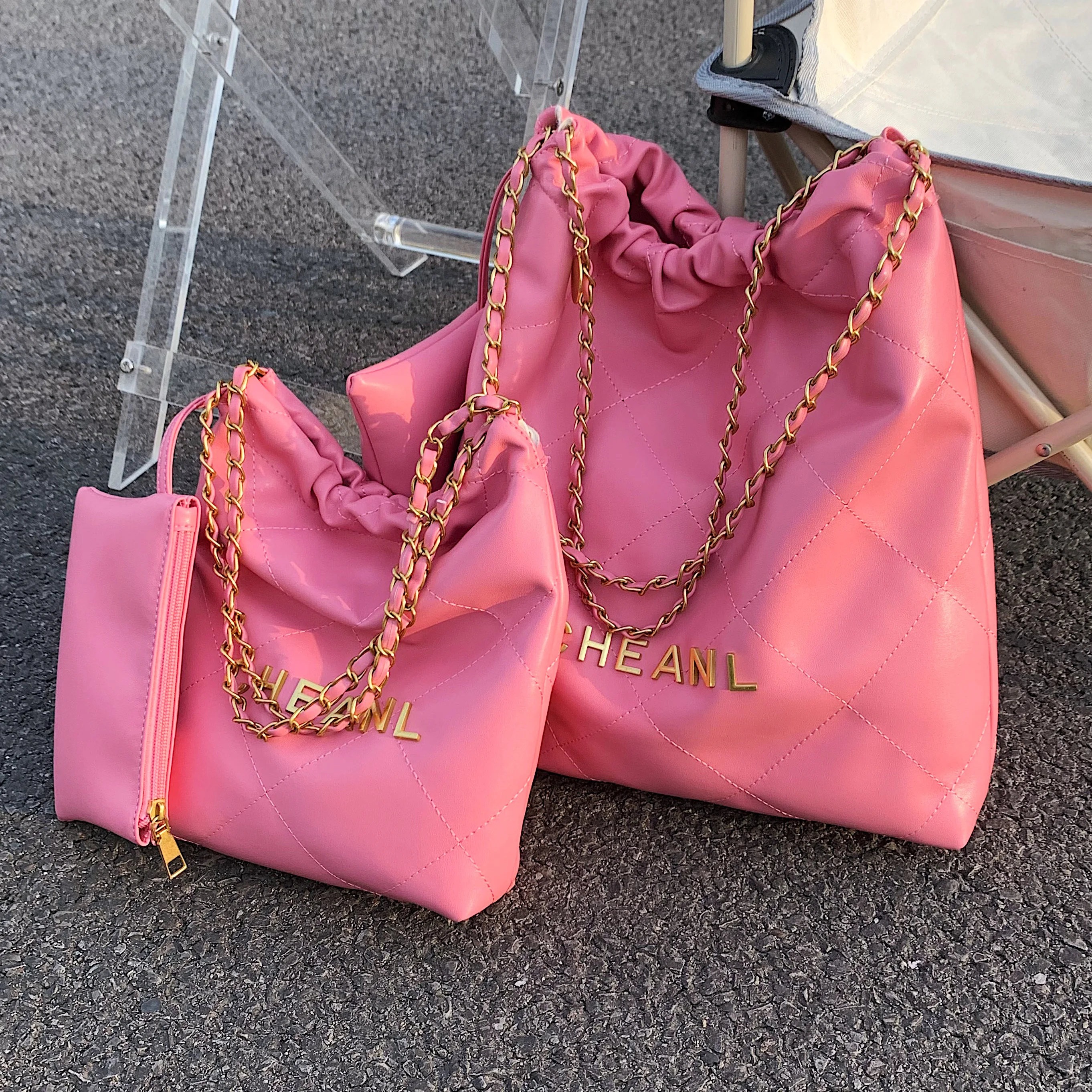 Pink Big Bag Women 2024 New Fashion Rhombus Chain Texture Shoulder Bag  Large Capaci Tote Bag