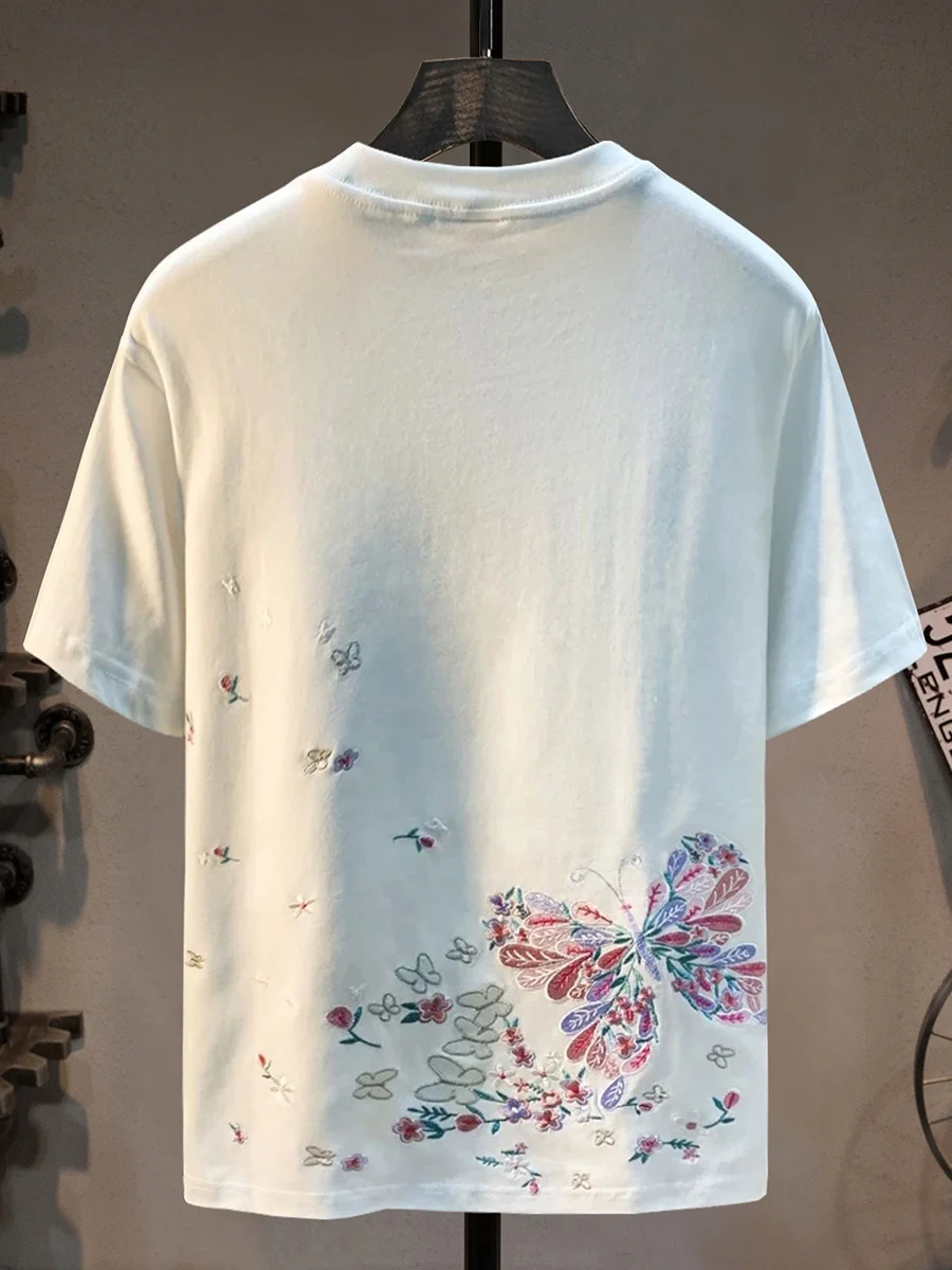 

Pure Cotton Embroidery T-irt Men's Summer New Sle Faionable round Ne ort Sve Breathable Lightweight