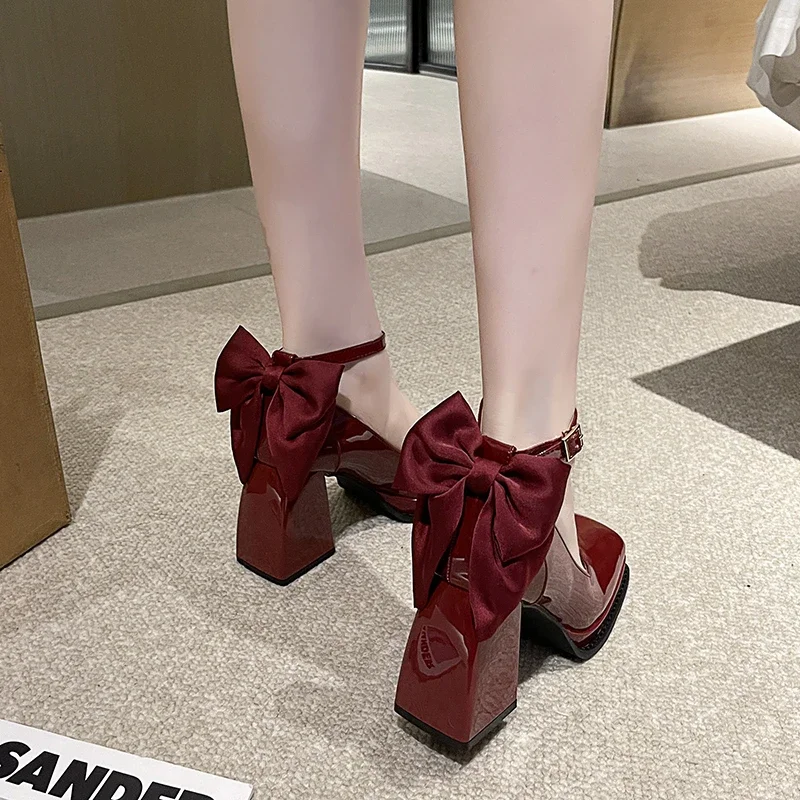 Women Pumps Platform High Heels Wedding Shoes Patent Leather Red Mary Jane Shoes Bow Buckle Strap Square Toe Chunky Heeled Shoe