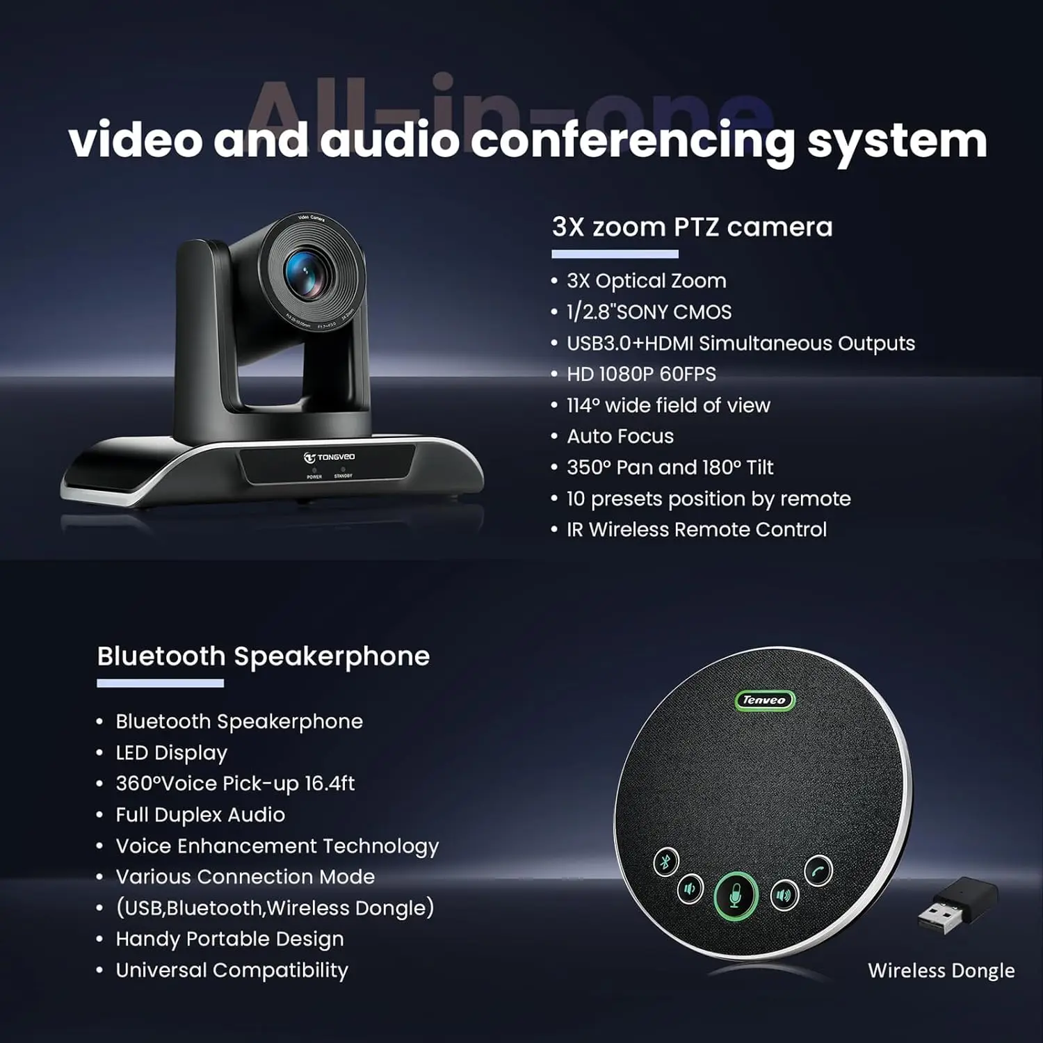 All-in-One USB3.0 HDMI Conference Room Camera System HD 1080P 60fps 3X Zoom PTZ Confereence Camera and Bluetooth Speakerphone