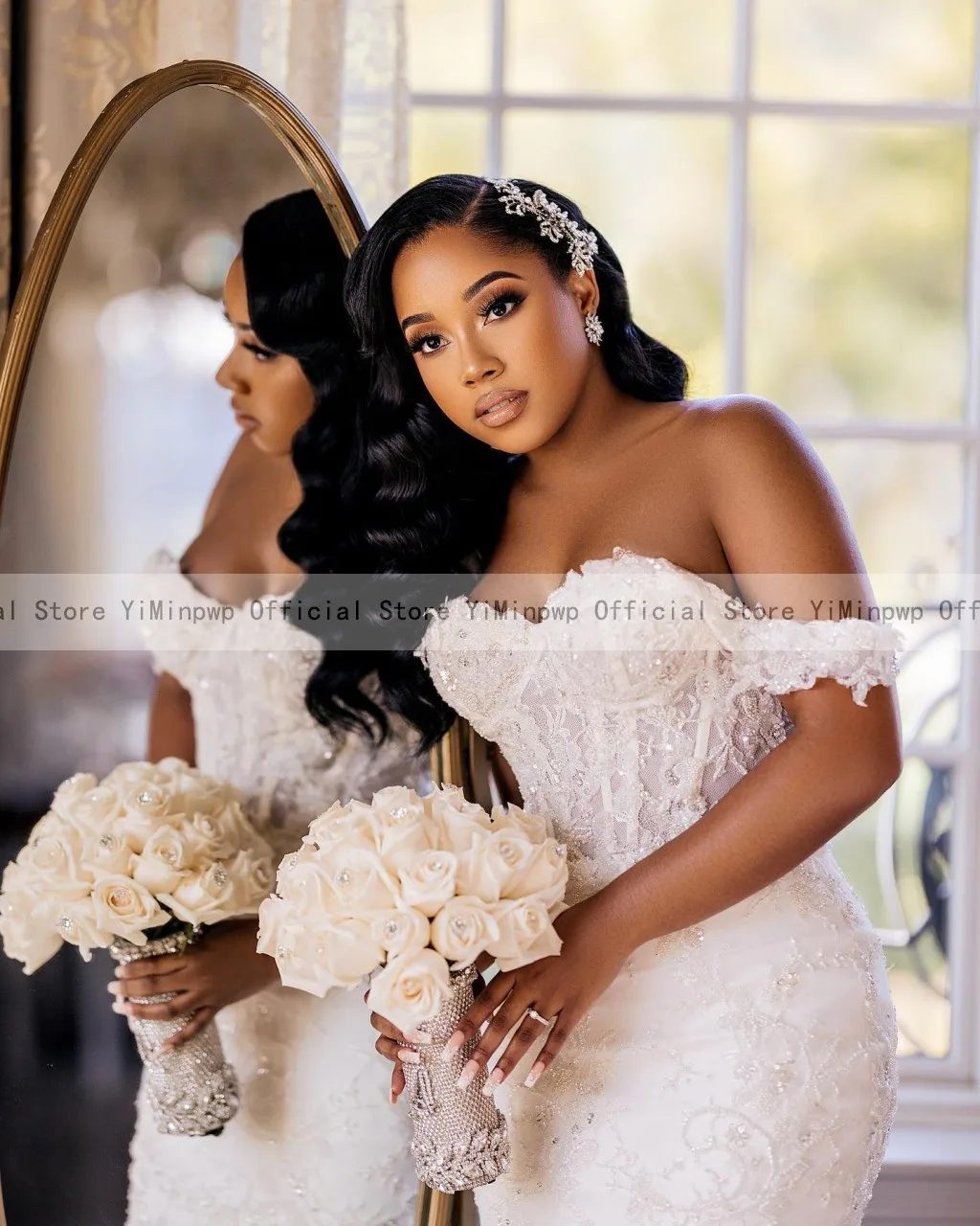 African Elegant Mermaid Wedding Dresses for Bride 2024 Off Shoulder Lace up Closure Sweep Train Beaded Bridal Gowns Customized