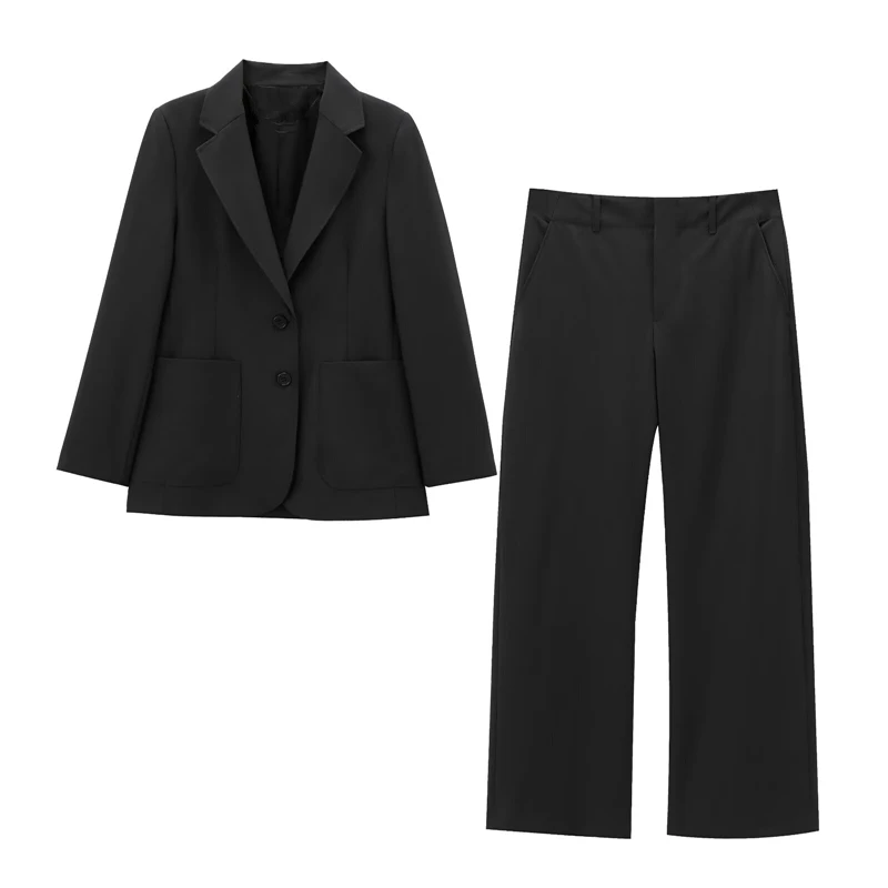 Maxdutti 2024 Autumn Minimalist Women's Black Suit  Straight Set Tube Loose Blazers Suit Pants Trousers Women