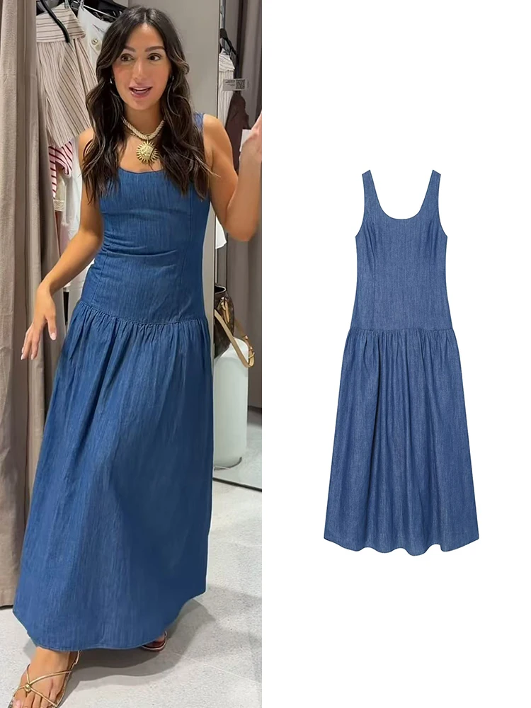 TFMLN Sommer Neues Blaues Ärmelloses Jeans-Midikleid für Damen, Schlanke Passform, A-Linie, Lässiges Alltagskleid, Midi-Trägerkleid für Frauen