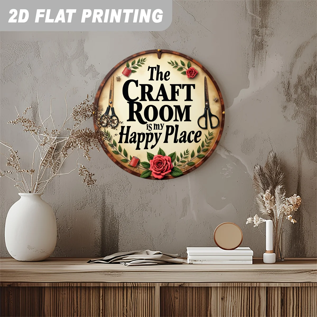 لافتة ألومنيوم مسطحة ثنائية الأبعاد، قطعة واحدة لتزيين جدران الغرفة اليدوية - "غرفة الحرف اليدوية هي مكان سعيد"، نمط ريفي 8 × 8 بوصة جدار مستدير #5