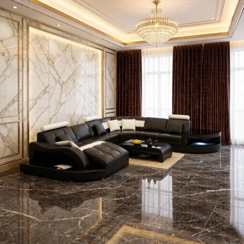 Italian curved leather sofa, luxury designer large apartment combination special-shaped high-end light luxury simple villa