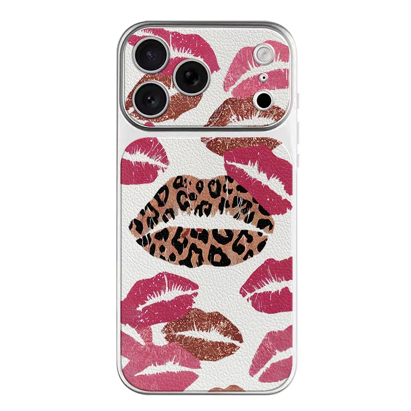 Leopard LIP Phone Case for iPhone 17 AIR 16 15 14 13 Pro 12 11 Pro Max Big Window Artificial Leather Cases White Cover-J301P2