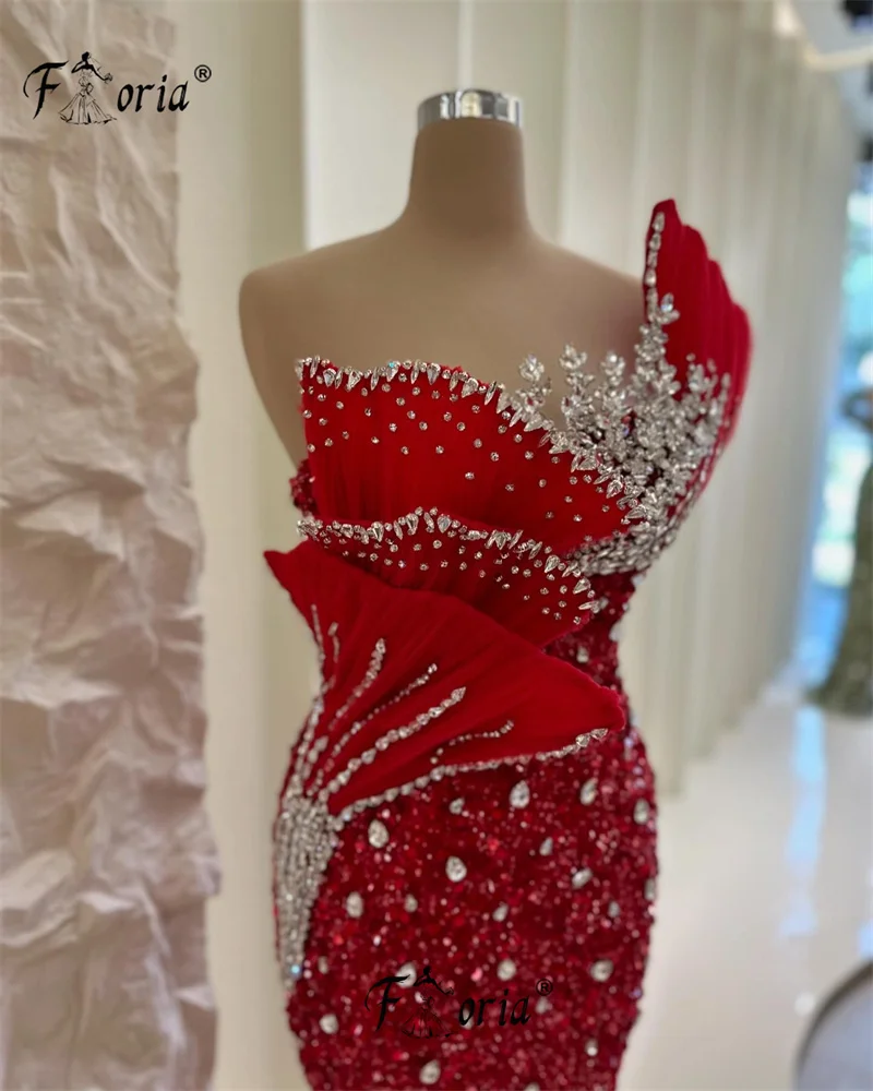 Luxury Red Dubai 3D Flower Modelling Evening Dresses Woman Elegant Beaded Crystal Mermaid Prom Wedding Party dress vestido noche