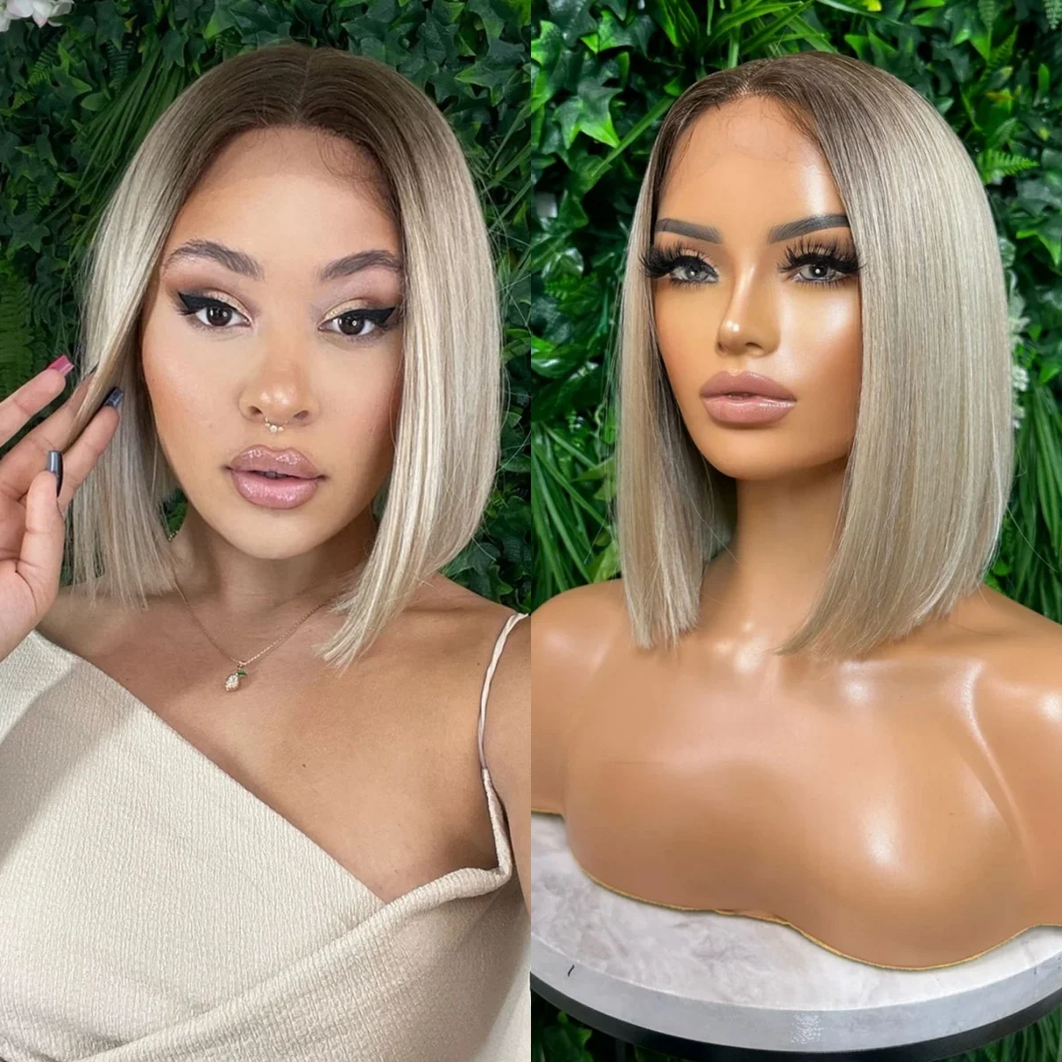 

12-дюймовый прямой парик с темными корнями, синтетический, с кружевной передней частью, натуральный, с предварительно выщипанными волосами, с возможностью свободной части, омбре, платиновый блонд, термостойкий волокнистый парик