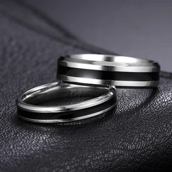Stainless Steel Black Line Couple Rings for Women Mens Wedding Band