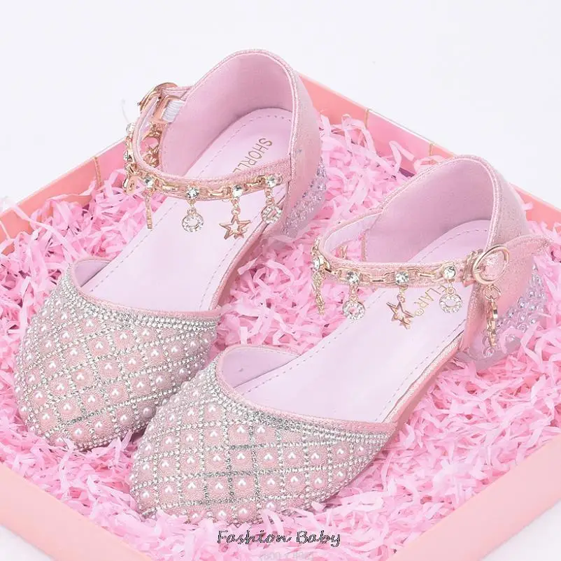 Princess Girls High Heels New Children With Pink Dance Single Girl Crystal Sandals Bowknot Rhinestone Beaded Leather Shoes