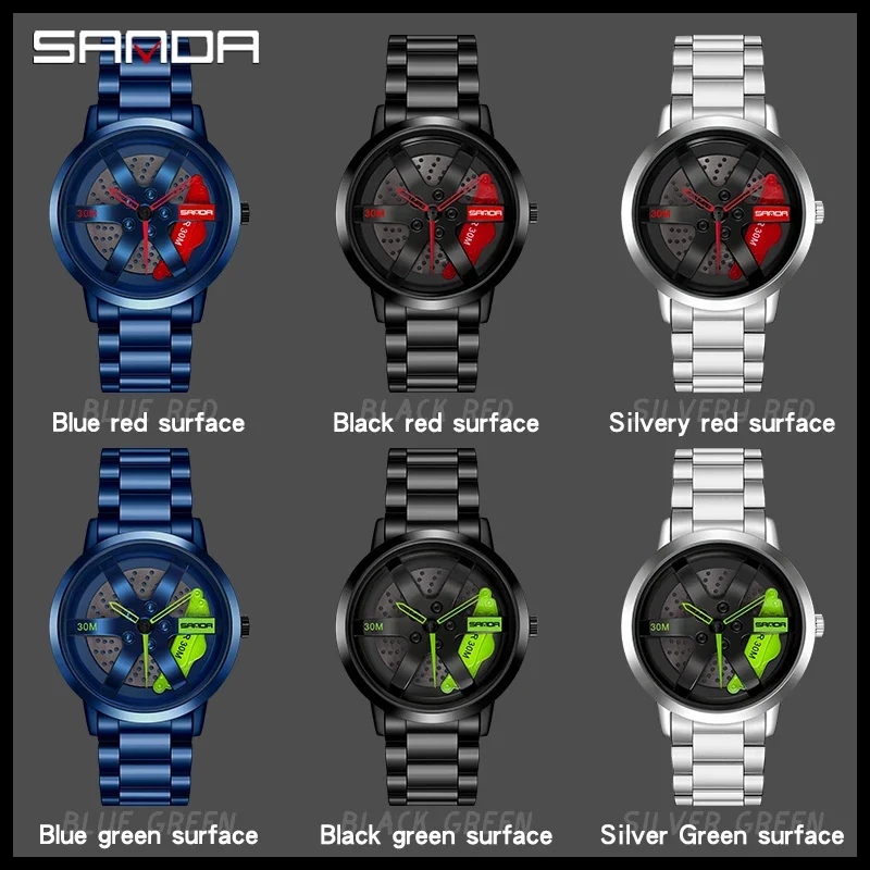 Fashion Sanda 1061 Top Brand Rim Hub Custom Design Sports Car Waterproof Creative 2024 Male Full Stainless Steel Wheel Watches