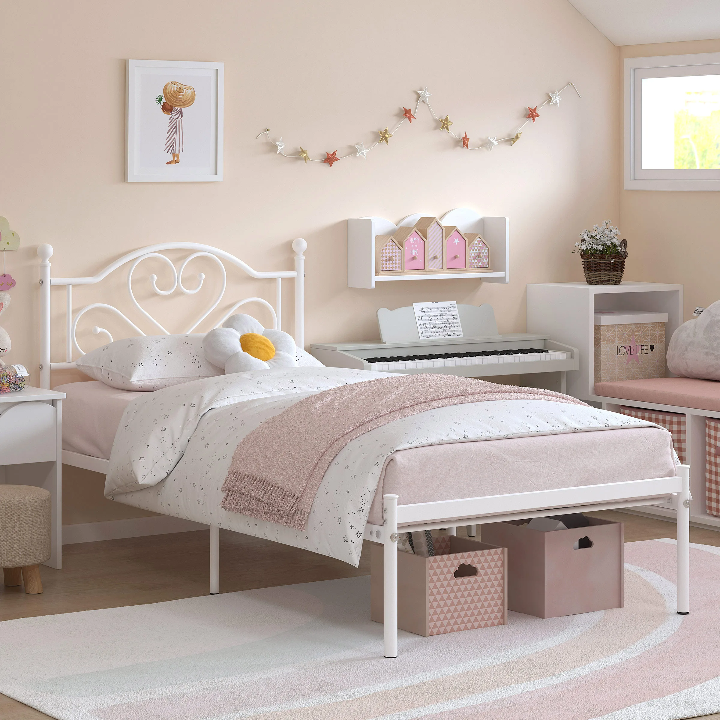Twin Bed Frame with Headboard, Heavy Duty Metal Platform Bed with Under Bed Storage