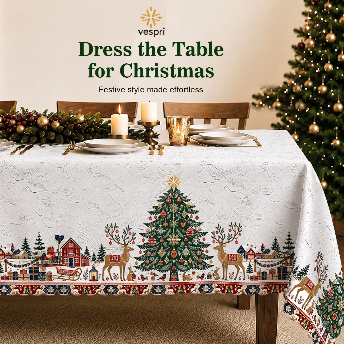 Nativity Tablecloth with Angels, Trees, Ornaments for Indoor/Outdoor Camping decor, Rectangular/Round/Oval
