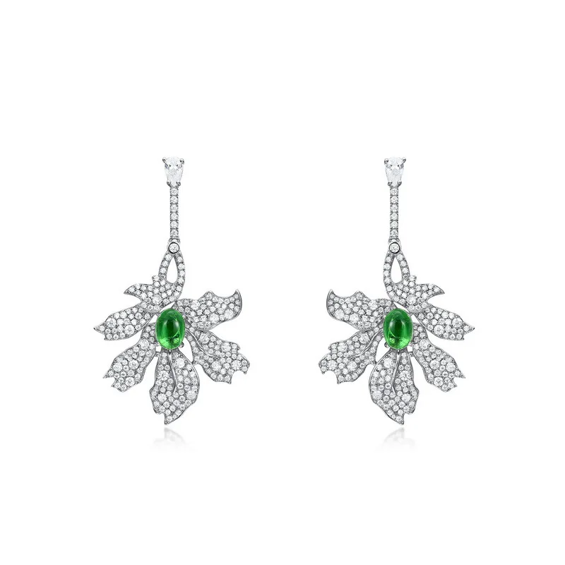 

Cross Border New Summer Heavyweight INS Style Green Leaf Earrings S925 Silver Full Set White Zirconium Long Earrings Retro