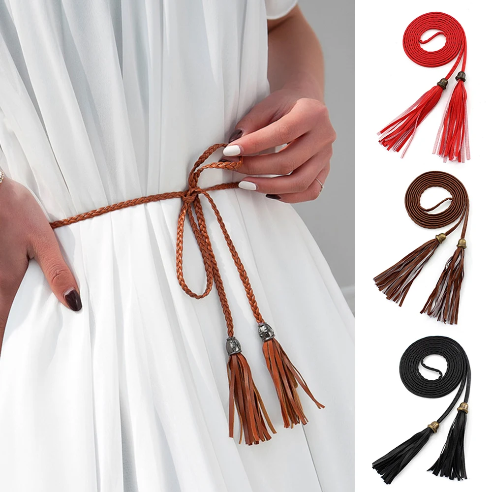 New Women Waist Chain Belt Braided PU Leather Tie Rope Long Tassel Decoration Dress Waist Rope Knotted Vintage String Waistband