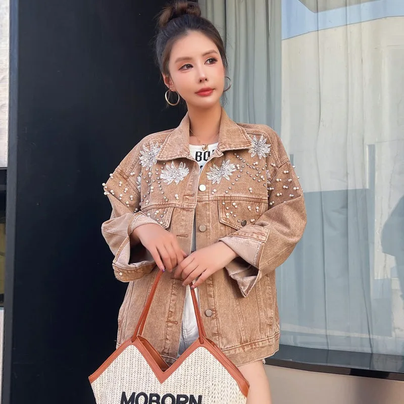 Women's Retro Distressed Heavywork Beaded Rhinestone Denim Jacket Spring/Autumn New Style Casual Loose Fit Versatile Jacket