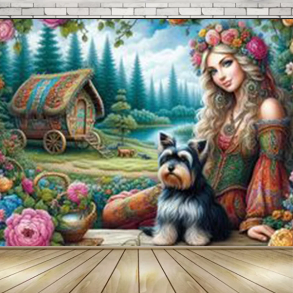 5DDIY Diamond Painting New Fairy Girl Dog Animal Full Mosaic Embroidery Girl Landscape Picture Cross Embroidery Set Decoration