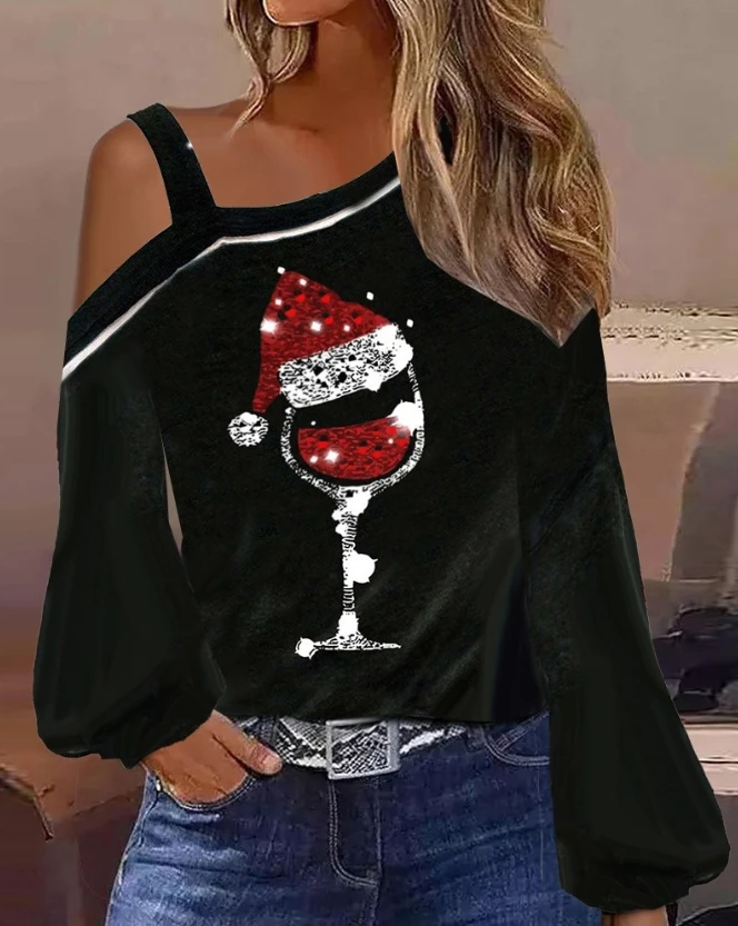 

2023 Autumn Winter Spring New Fashion Casual Christmas Wine Glass Print Cold Shoulder Top Female Clothing T-Shirts Pullover Tops
