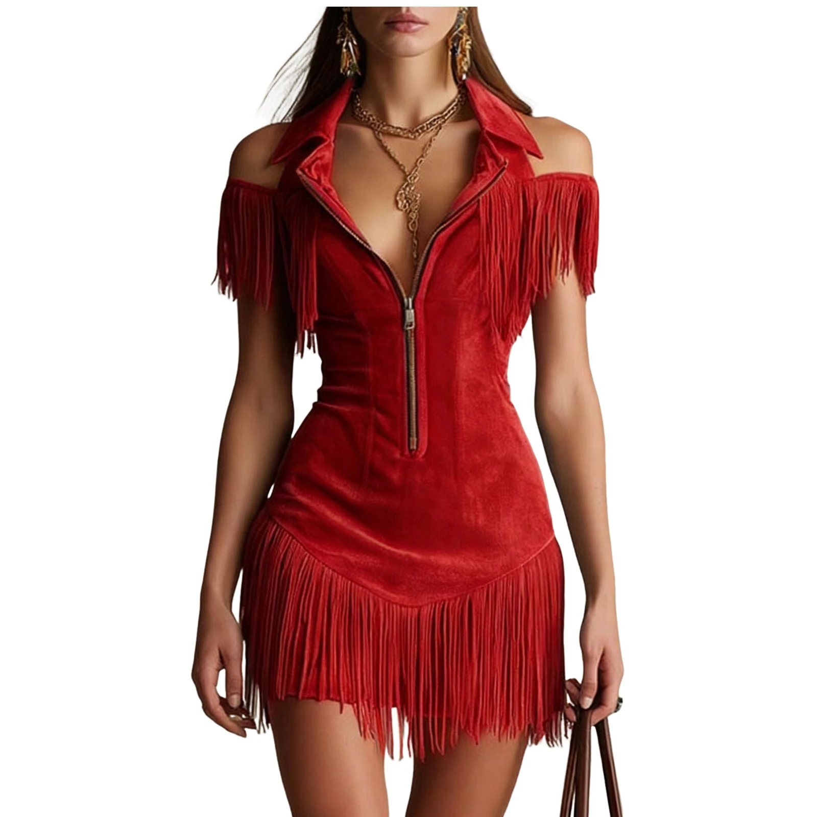 Vestido corto de gamuza con flecos para mujer, estilo bodycon, sin mangas, con hombros descubiertos, cuello con solapa y cremallera, estilo western, para verano y discoteca