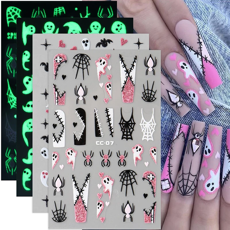مضيئة تنقش شبح مضيئة مسمار الفن ملصقات هالوين الكرتون العنكبوت الجمجمة مسمار الشارات العنكبوت ويب المنزلق للتقليم DIY بها بنفسك
