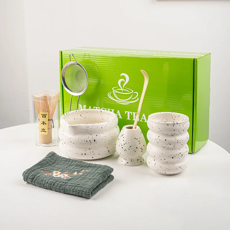 7 Pcs Matcha Set Matcha Kit Matte Trendy Speckled Ceramic Matcha Bowl Bamboo Whisk Scoop Stand Complete Ceremony Gift Box